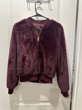 Love Tree Faux Fur Bomber Jacket - Deep Wine